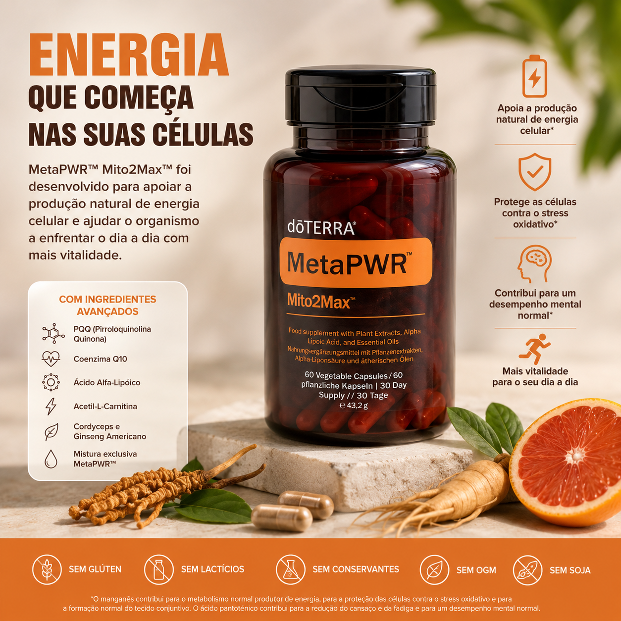 Desperte a energia que existe dentro de si, MetaPWR™ Mito2Max™ (60 Cápsulas)