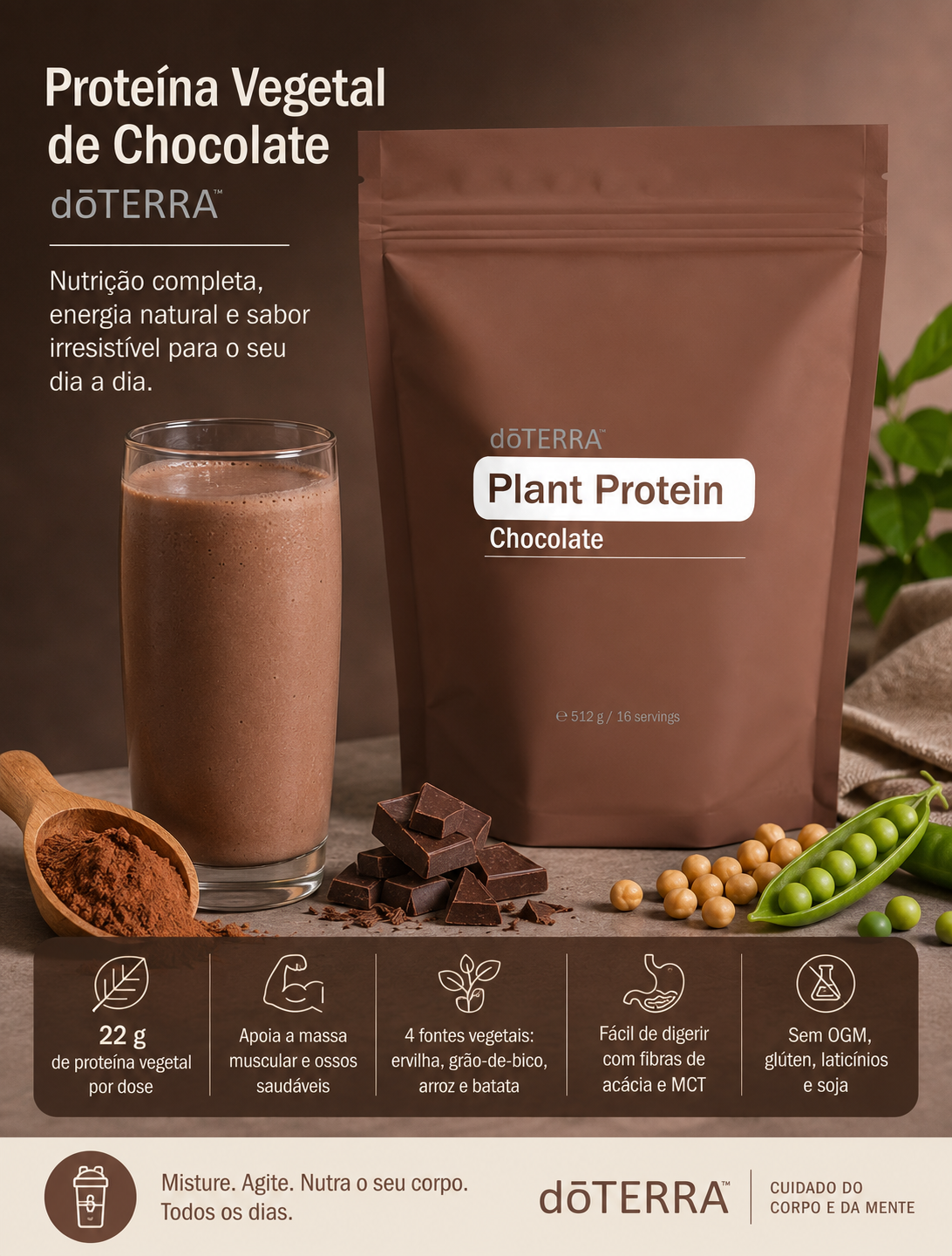 Proteína Vegetal de Chocolate dōTERRA™ 512 g | 22 g de Proteína por Dose